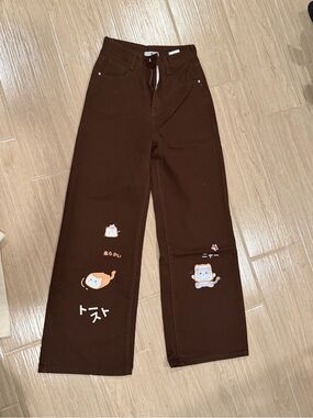 Kids Brown Cartoon Cat Wide-Leg Pants